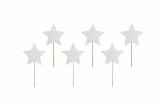 6 Toppers pour cupcakes - étoile argenté pailleté