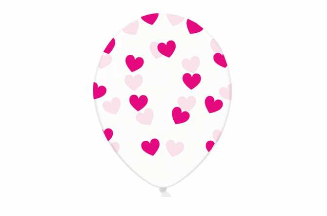 6 Ballons transparents imprimés - coeurs rose fuchsia