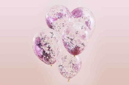 5 Ballons transparents à confettis – paillettes roses