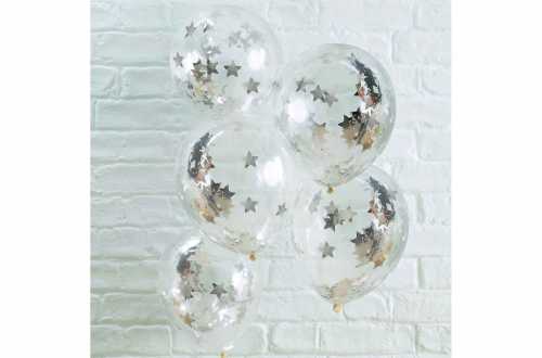 5 Ballons de baudruche – Confettis étoiles argentées