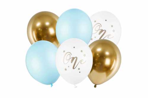 Set de 6 ballons one bleu pastel et doré - 30cm