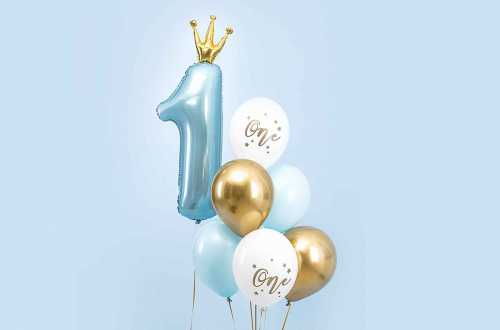 Set de 6 ballons one bleu pastel et doré - 30cm