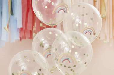 5 Ballons à confettis dorés et imprimé Arc-en-ciel