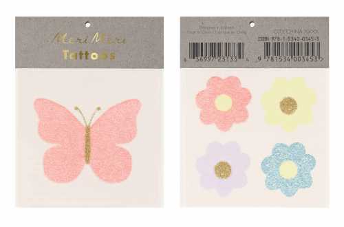 Tatouages temporaires Papillon et fleurs (avec paillettes)