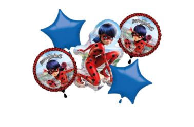 5 ballons en alluminium Ladybug aux couleurs bleus et rouges à pois noirs.