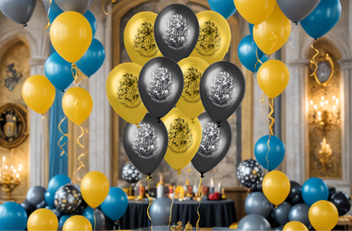 10 ballons en latex, alternant entre 5 noirs avec le logo de Poudlard en blanc et 5 dorés avec le logo de Poudlard en noir