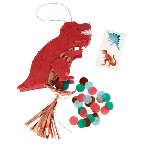 pinata dinosaure rouge avec confettis et tatouages